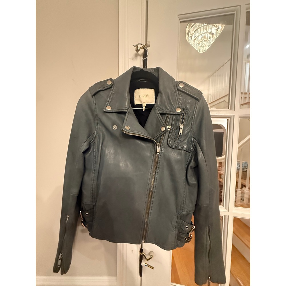 Maje Slate Blue Grey Leather Biker Moto Jacket Size 36